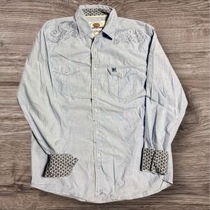 Ed Hardy Shirt Mens L Blue Button Up Flip Cuff Eagle Christian Audigier Unity